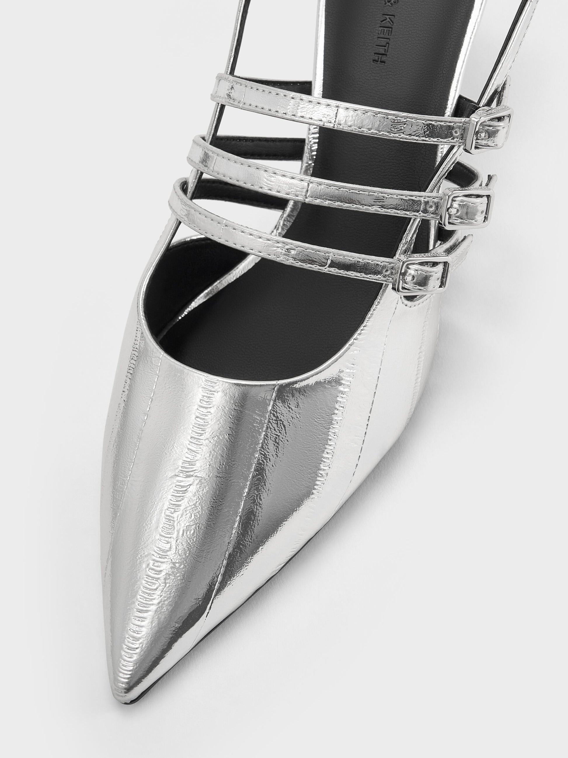 Metallic Triple-Strap Slingback Kitten Heels - Silver | CHARLES & KEITH
