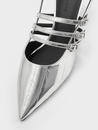 Metallic Triple-Strap Slingback Kitten Heels - Silver | CHARLES & KEITH