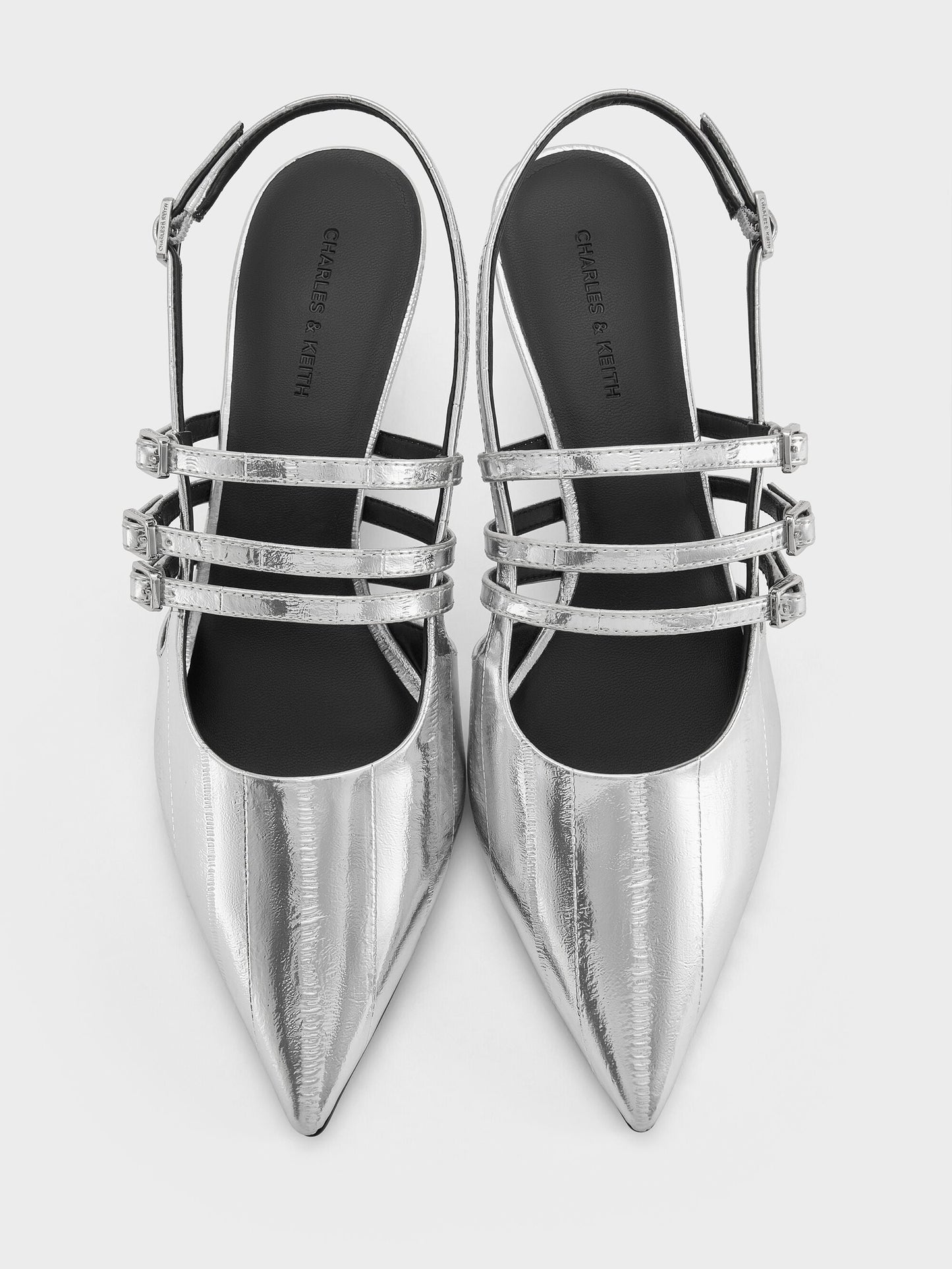 Metallic Triple-Strap Slingback Kitten Heels - Silver | CHARLES & KEITH