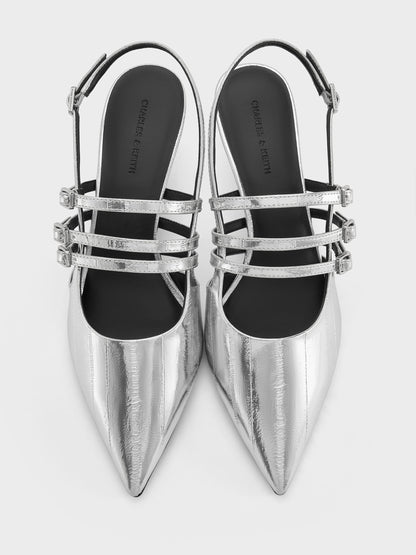 Metallic Triple-Strap Slingback Kitten Heels - Silver | CHARLES & KEITH