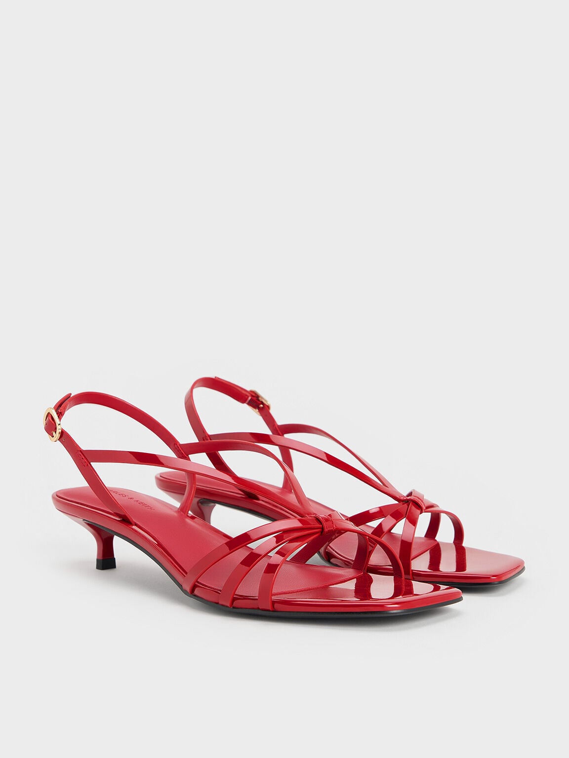 Patent Kitten-Heel Strappy Sandals - Red | CHARLES & KEITH