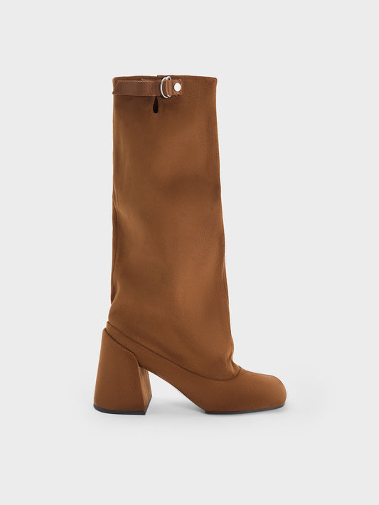 Robbie Faux Suede Heeled Knee-High Boots - Brown | CHARLES & KEITH