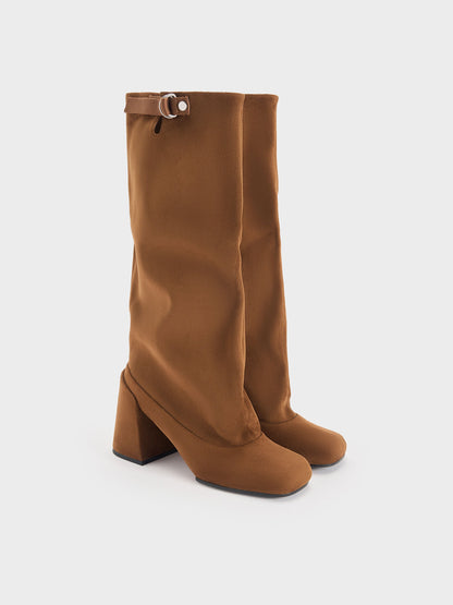 Robbie Faux Suede Heeled Knee-High Boots - Brown | CHARLES & KEITH