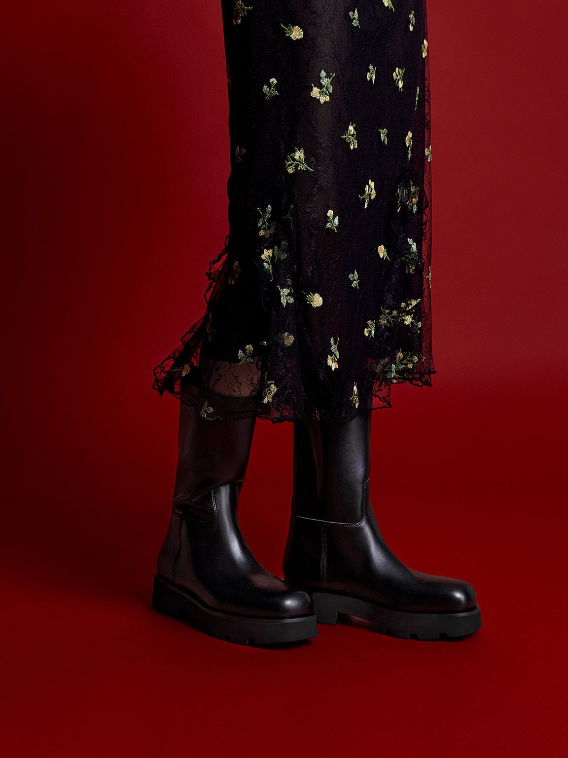 Double Pull-Tab Calf Boots - Black | CHARLES & KEITH