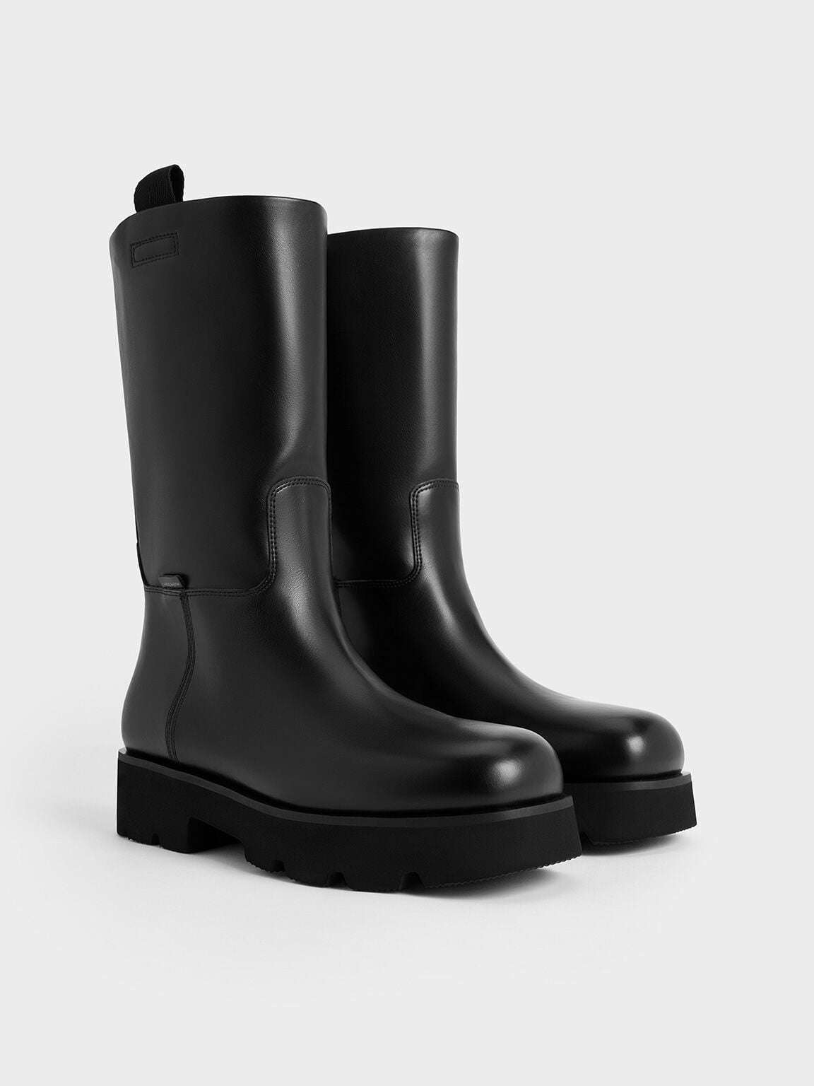 Double Pull-Tab Calf Boots - Black | CHARLES & KEITH