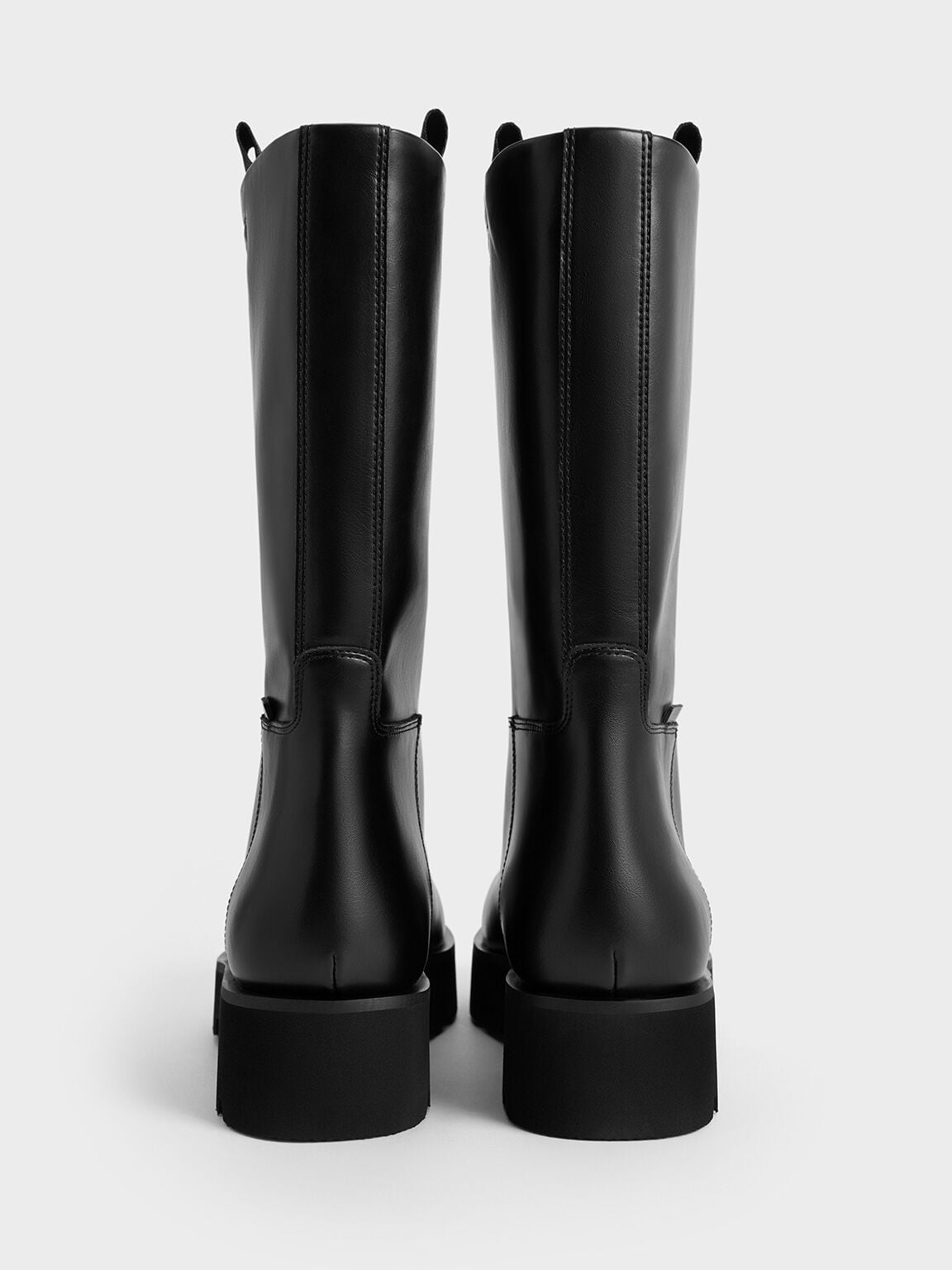 Double Pull-Tab Calf Boots - Black | CHARLES & KEITH