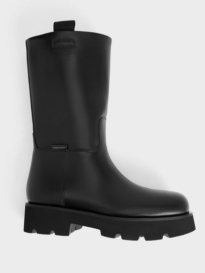 Double Pull-Tab Calf Boots - Black | CHARLES & KEITH