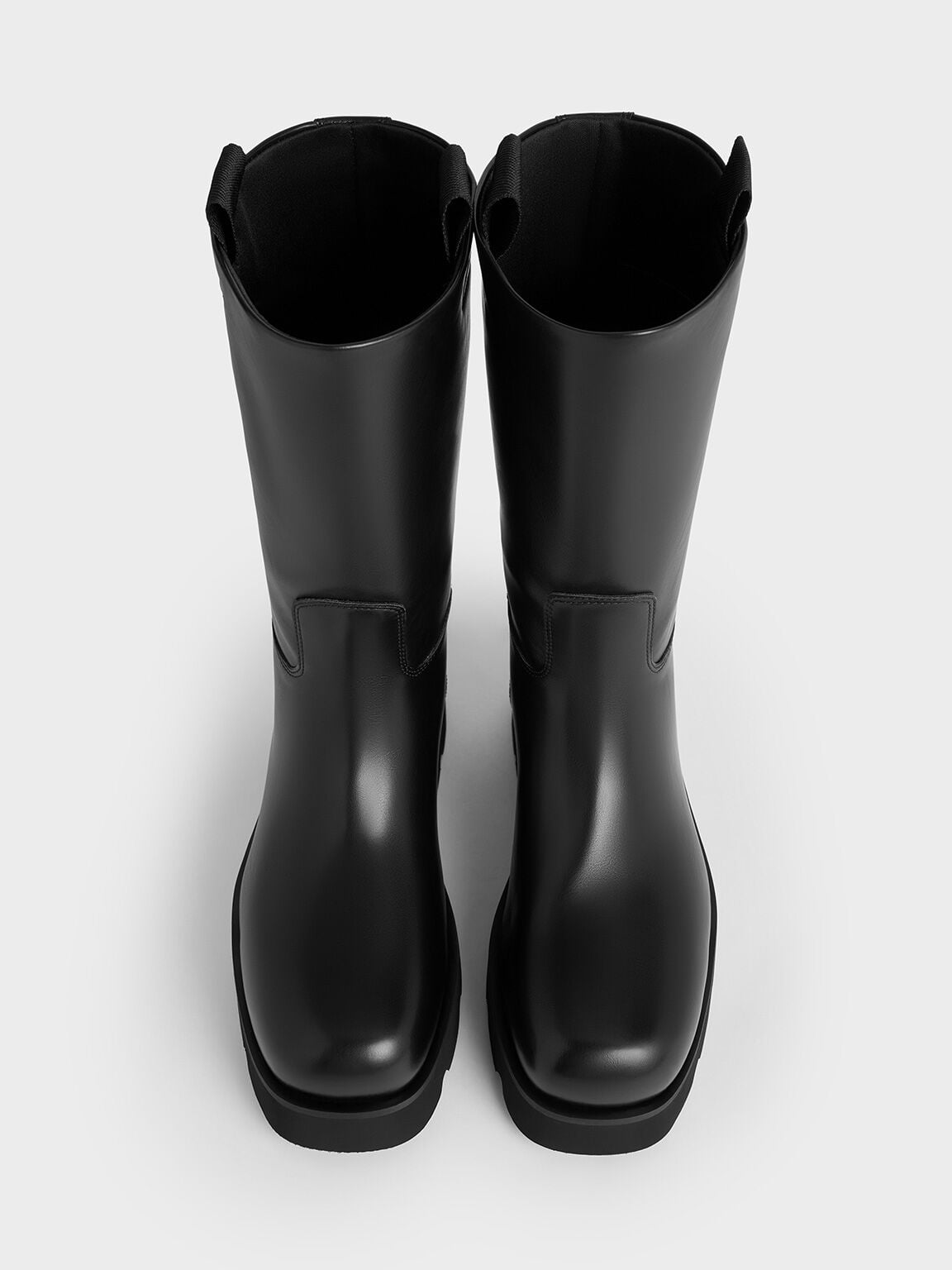 Double Pull-Tab Calf Boots - Black | CHARLES & KEITH