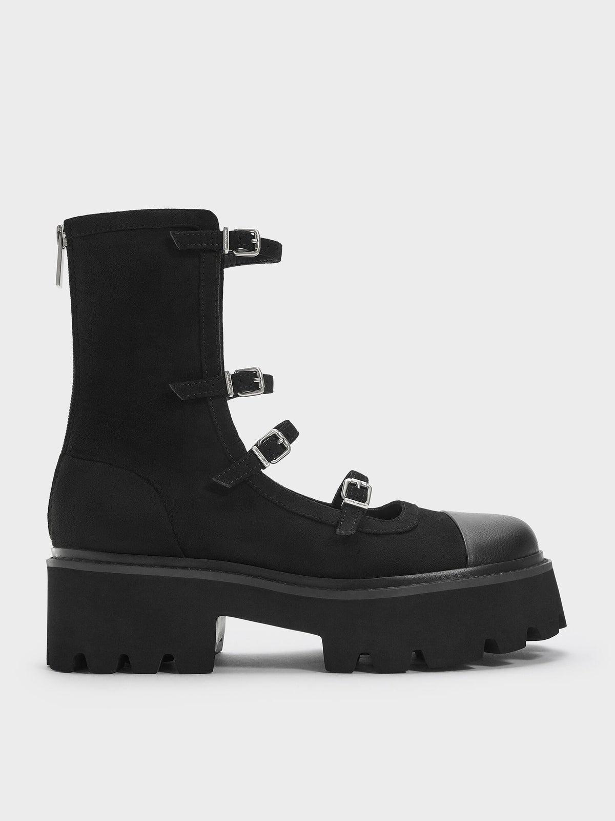 Celia Faux Suede Multi-Strap Calf Boots - Black Textured | CHARLES & KEITH