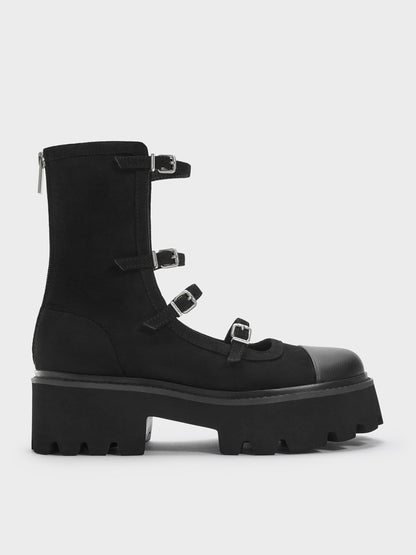 Celia Faux Suede Multi-Strap Calf Boots - Black Textured | CHARLES & KEITH