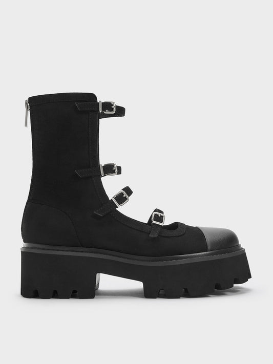 Celia Faux Suede Multi-Strap Calf Boots - Black Textured | CHARLES & KEITH