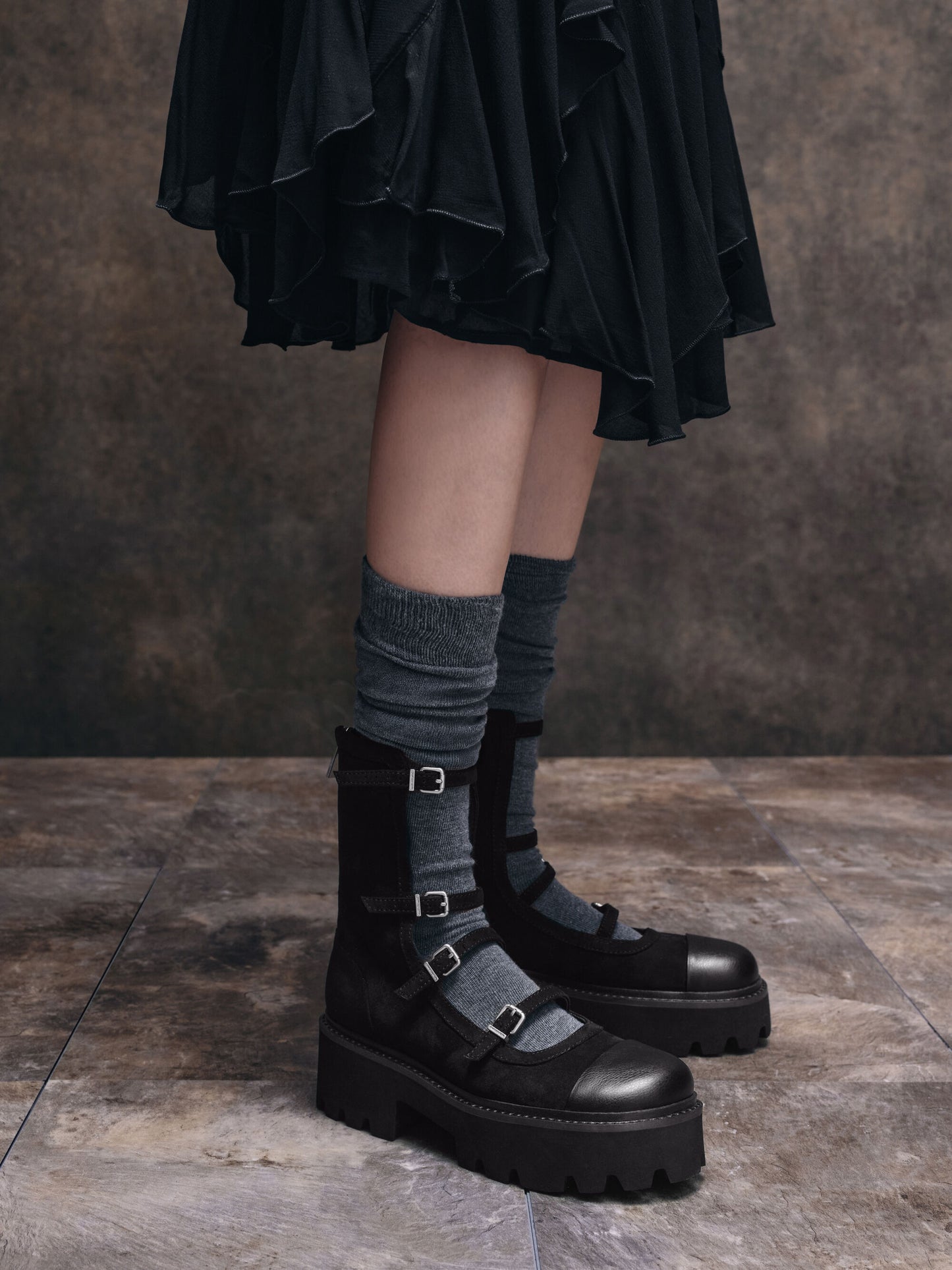 Celia Faux Suede Multi-Strap Calf Boots - Black Textured | CHARLES & KEITH