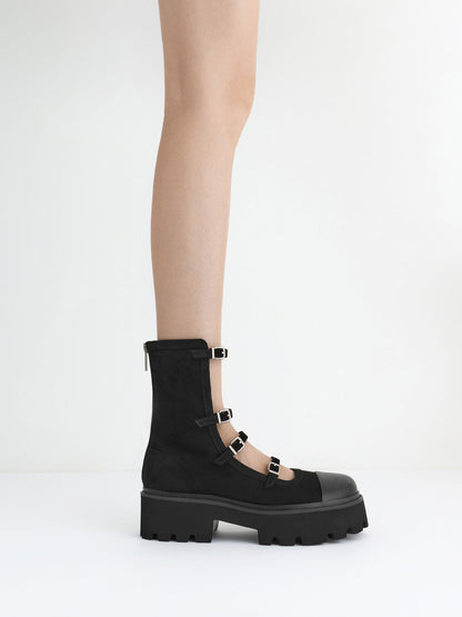 Celia Faux Suede Multi-Strap Calf Boots - Black Textured | CHARLES & KEITH