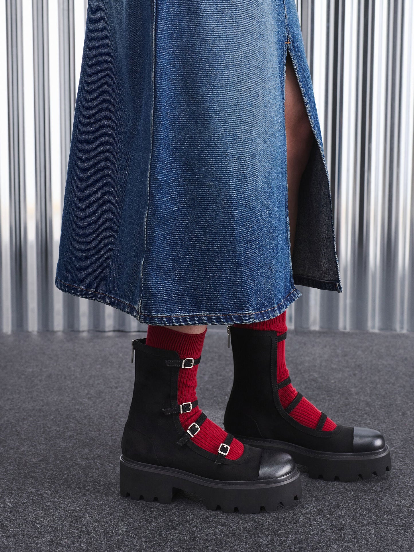 Celia Faux Suede Multi-Strap Calf Boots - Black Textured | CHARLES & KEITH