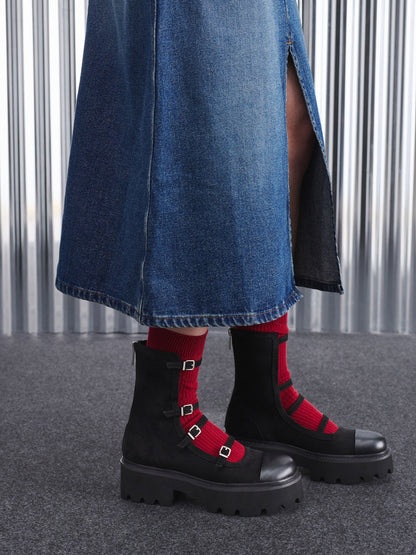 Celia Faux Suede Multi-Strap Calf Boots - Black Textured | CHARLES & KEITH