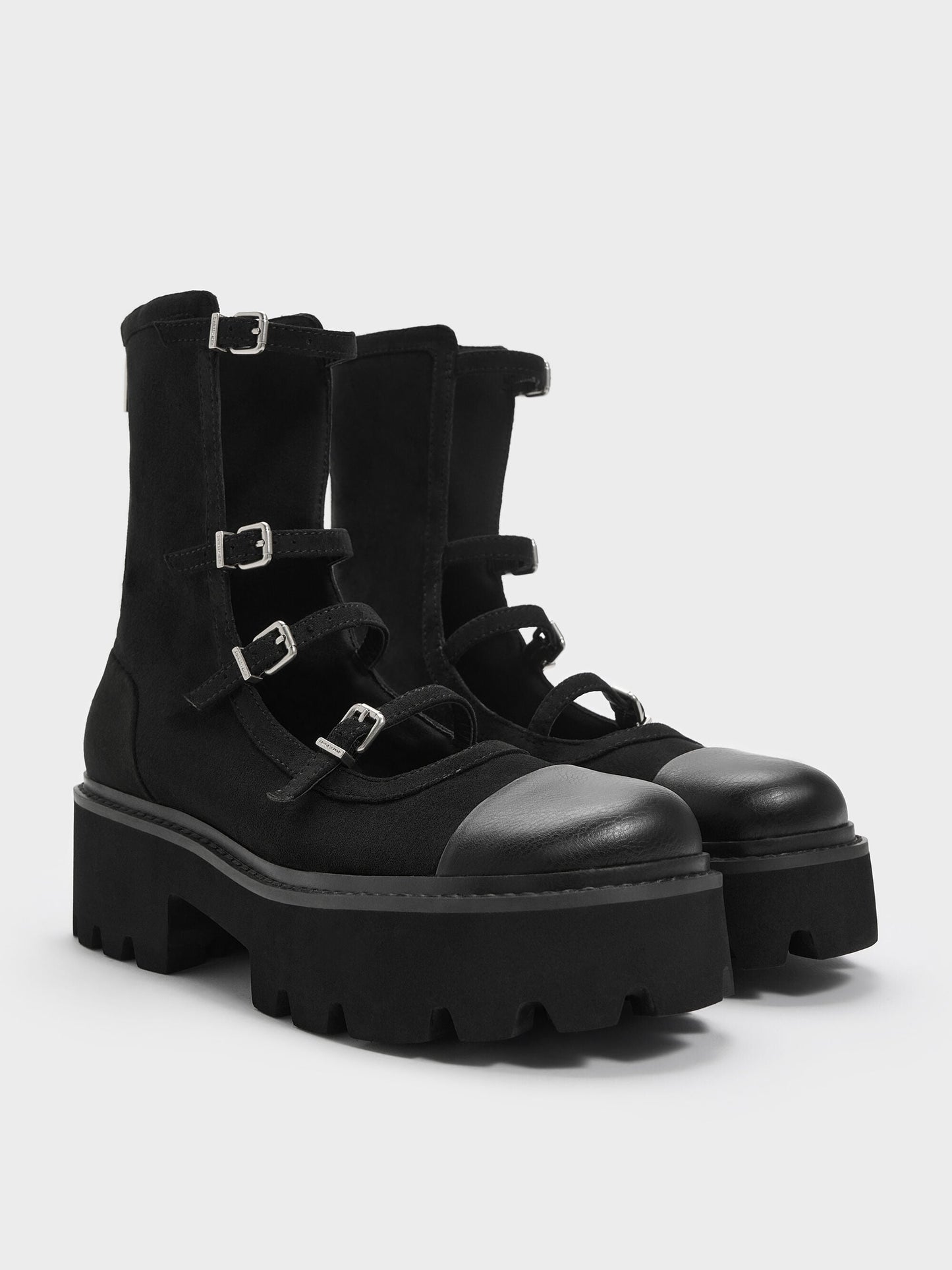 Celia Faux Suede Multi-Strap Calf Boots - Black Textured | CHARLES & KEITH