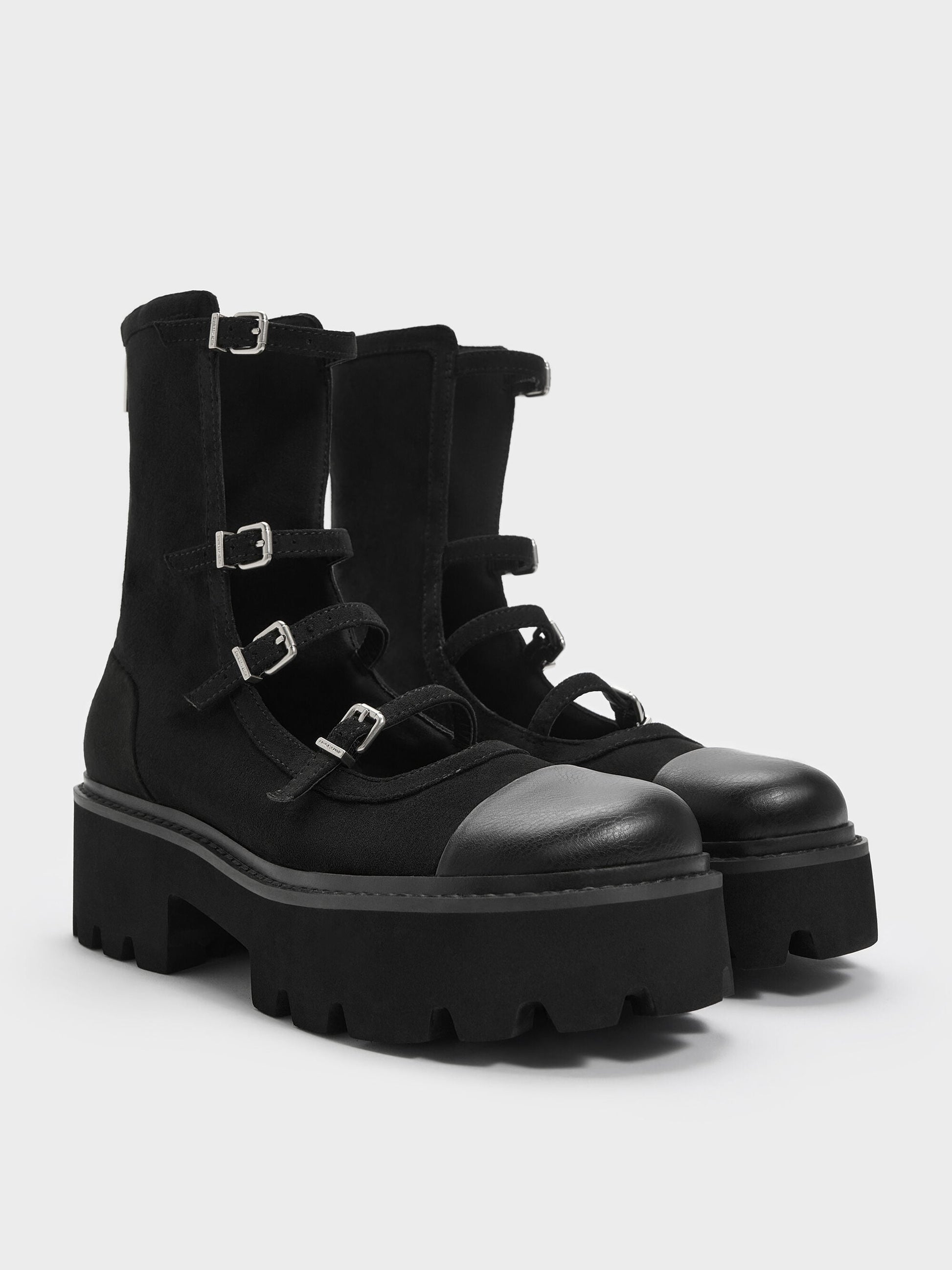 Celia Faux Suede Multi-Strap Calf Boots - Black Textured | CHARLES & KEITH