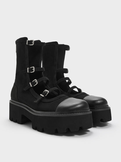 Celia Faux Suede Multi-Strap Calf Boots - Black Textured | CHARLES & KEITH