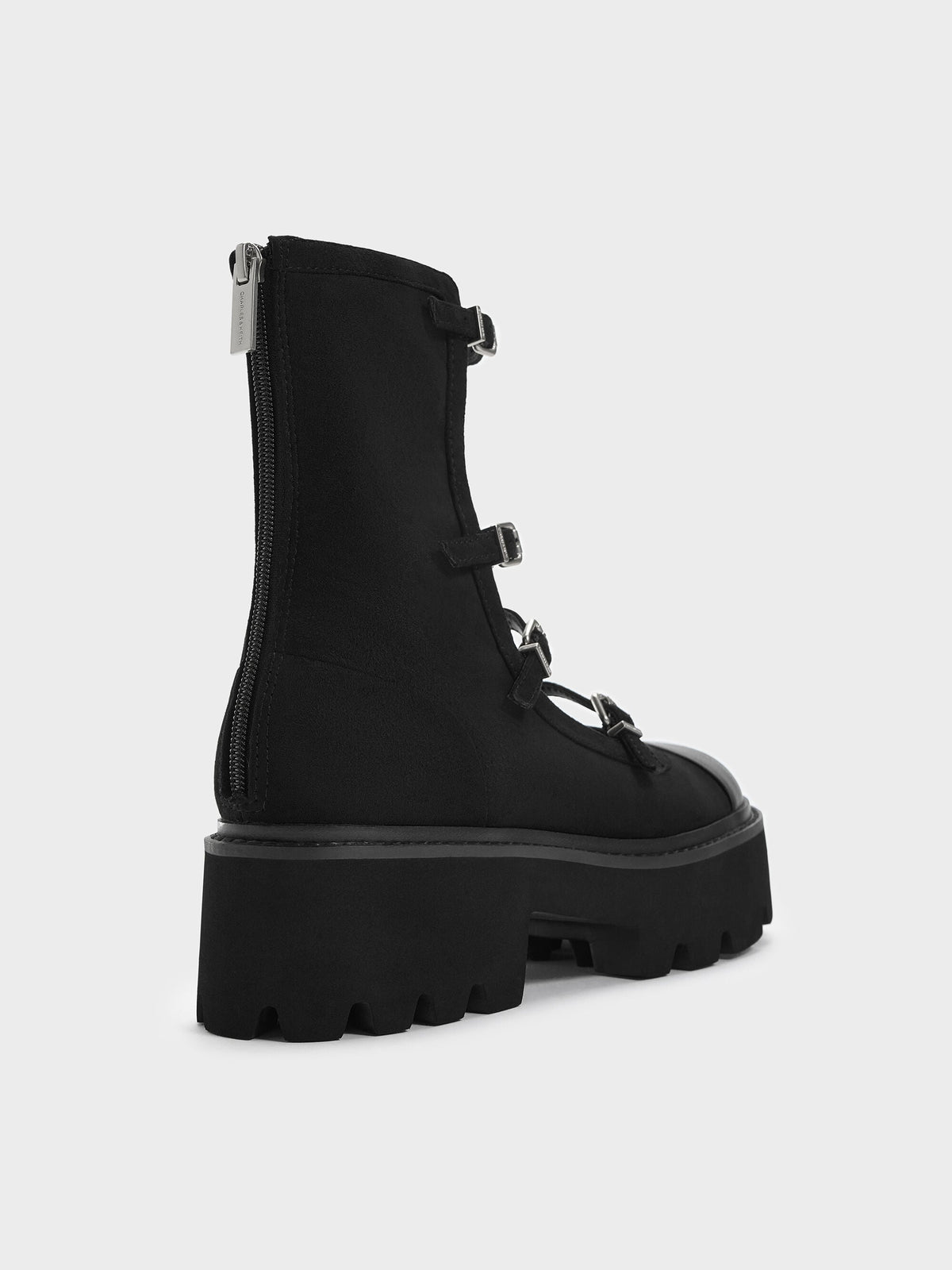 Celia Faux Suede Multi-Strap Calf Boots - Black Textured | CHARLES & KEITH
