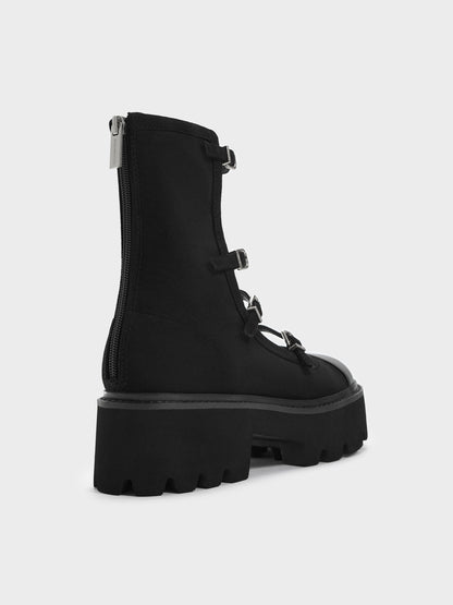 Celia Faux Suede Multi-Strap Calf Boots - Black Textured | CHARLES & KEITH