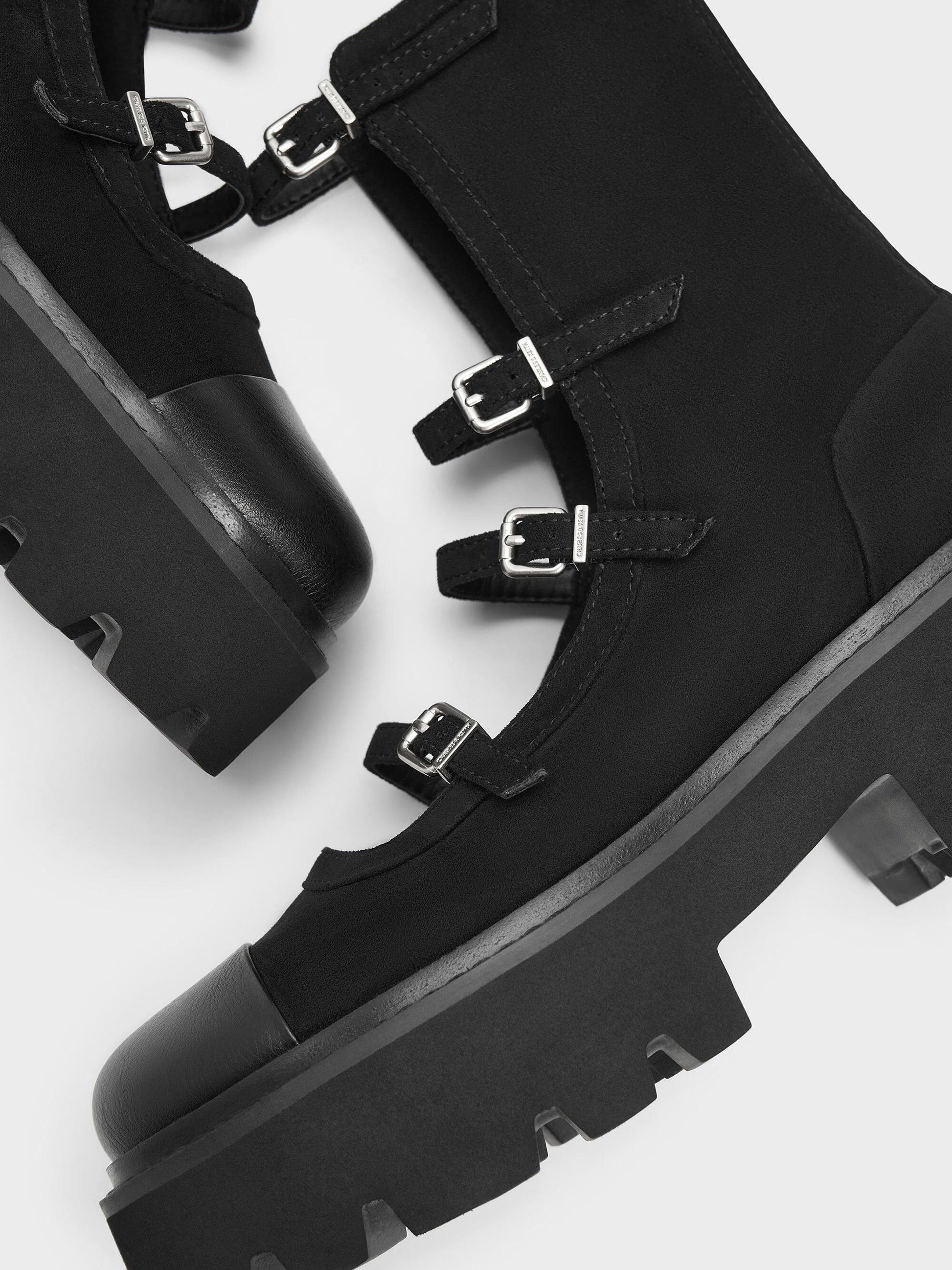 Celia Faux Suede Multi-Strap Calf Boots - Black Textured | CHARLES & KEITH