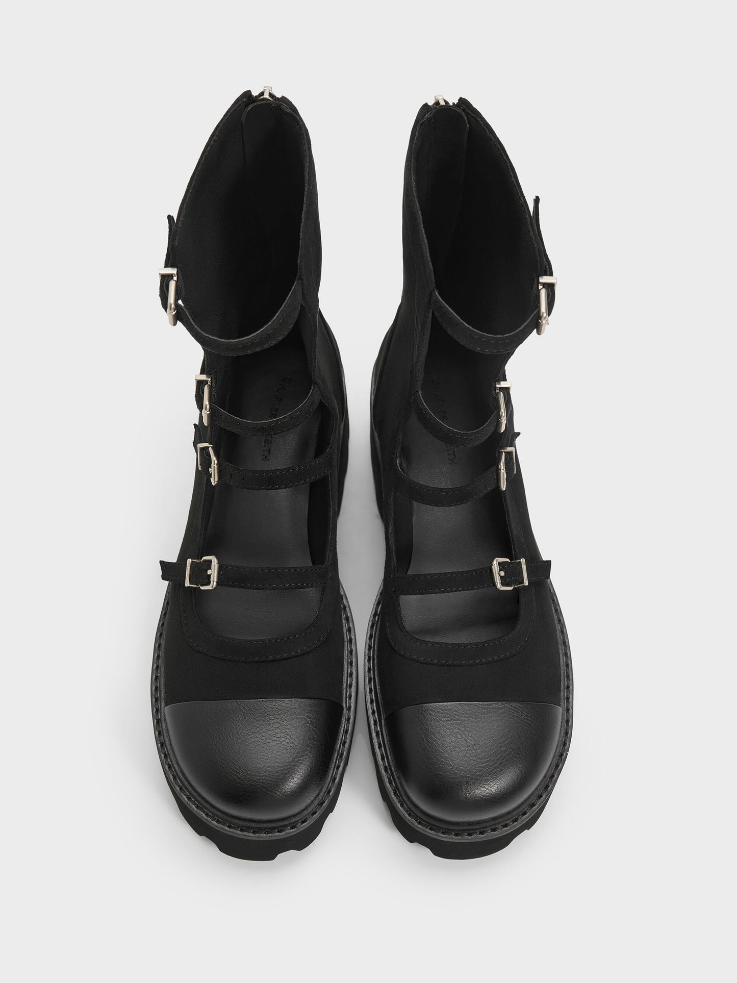 Celia Faux Suede Multi-Strap Calf Boots - Black Textured | CHARLES & KEITH