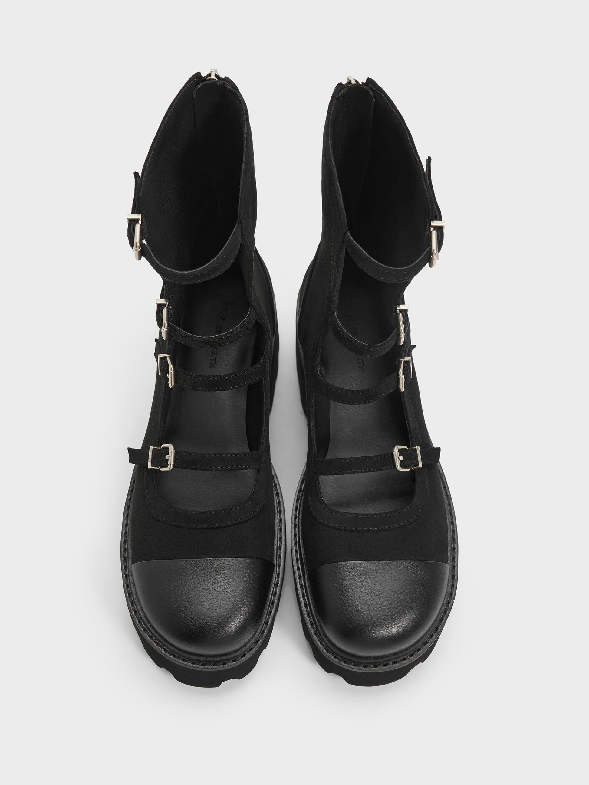 Celia Faux Suede Multi-Strap Calf Boots - Black Textured | CHARLES & KEITH