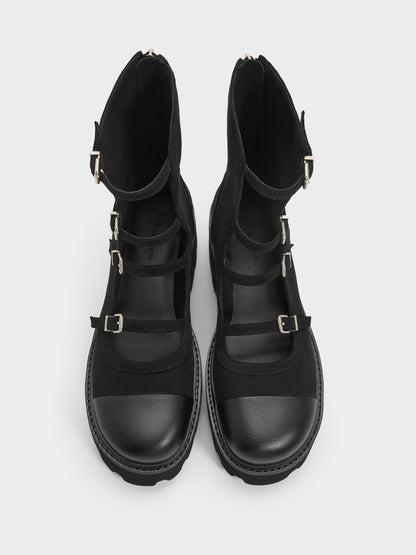 Celia Faux Suede Multi-Strap Calf Boots - Black Textured | CHARLES & KEITH