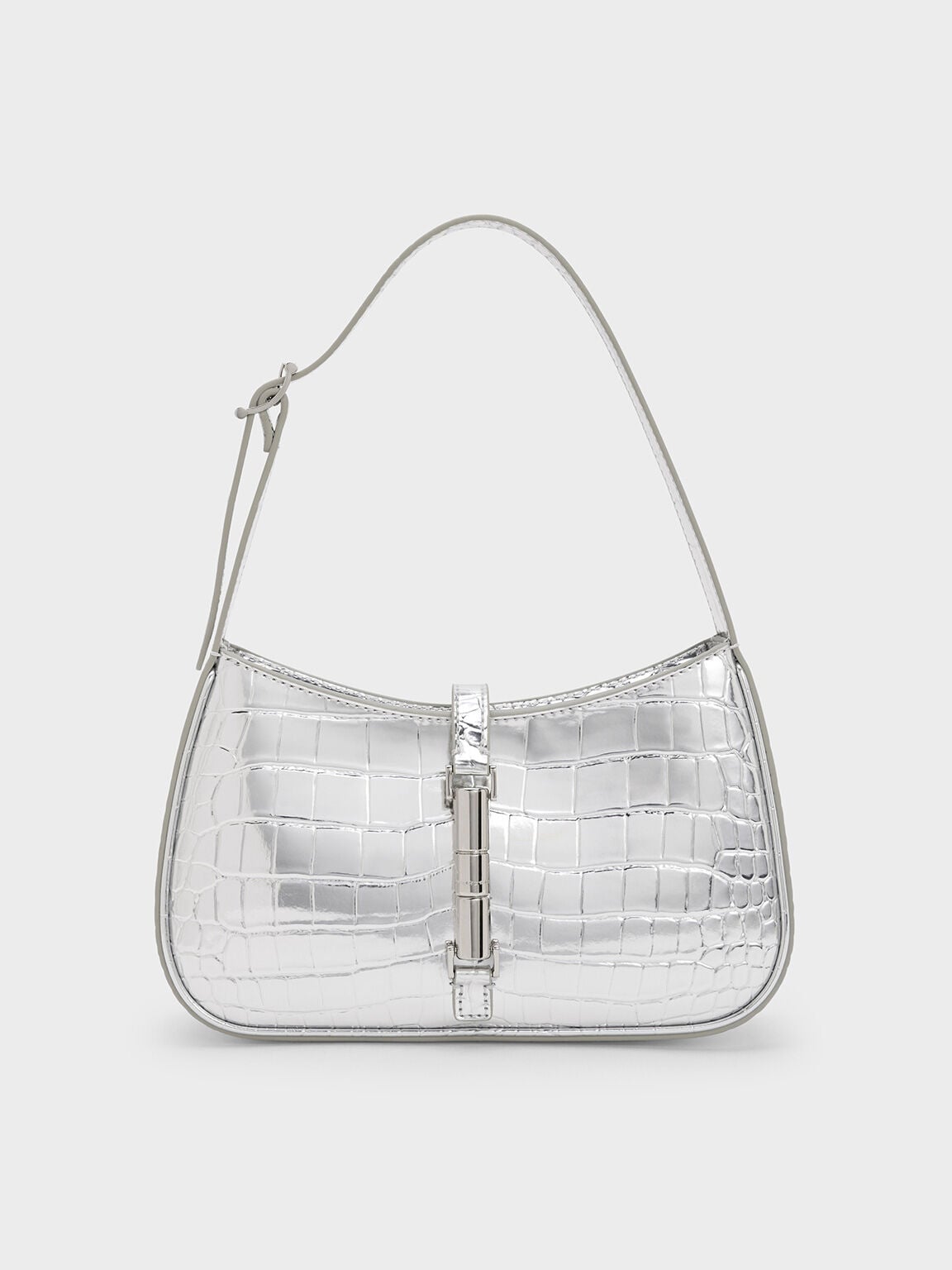 Cesia Croc-Effect Metallic-Accent Shoulder Bag - Silver | CHARLES & KEITH