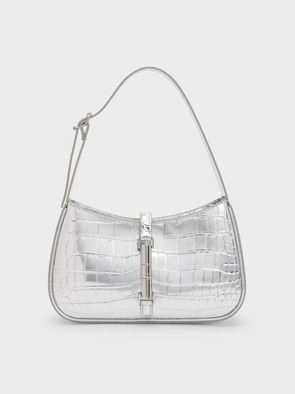 Cesia Croc-Effect Metallic-Accent Shoulder Bag - Silver | CHARLES & KEITH