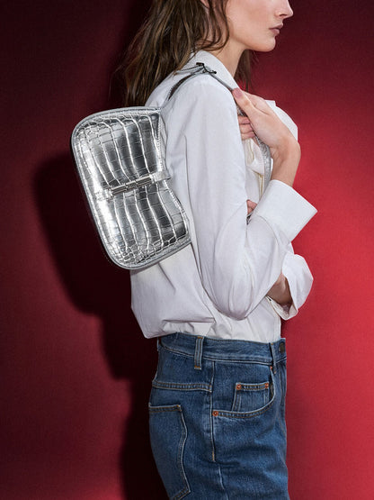 Cesia Croc-Effect Metallic-Accent Shoulder Bag - Silver | CHARLES & KEITH
