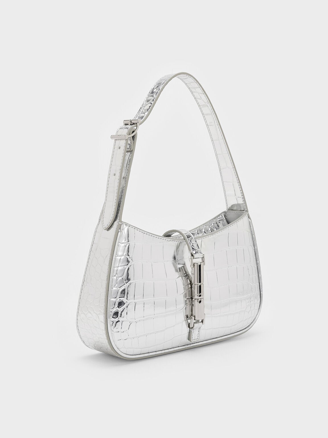 Cesia Croc-Effect Metallic-Accent Shoulder Bag - Silver | CHARLES & KEITH