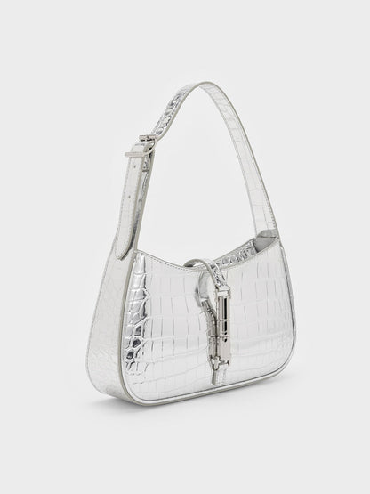 Cesia Croc-Effect Metallic-Accent Shoulder Bag - Silver | CHARLES & KEITH