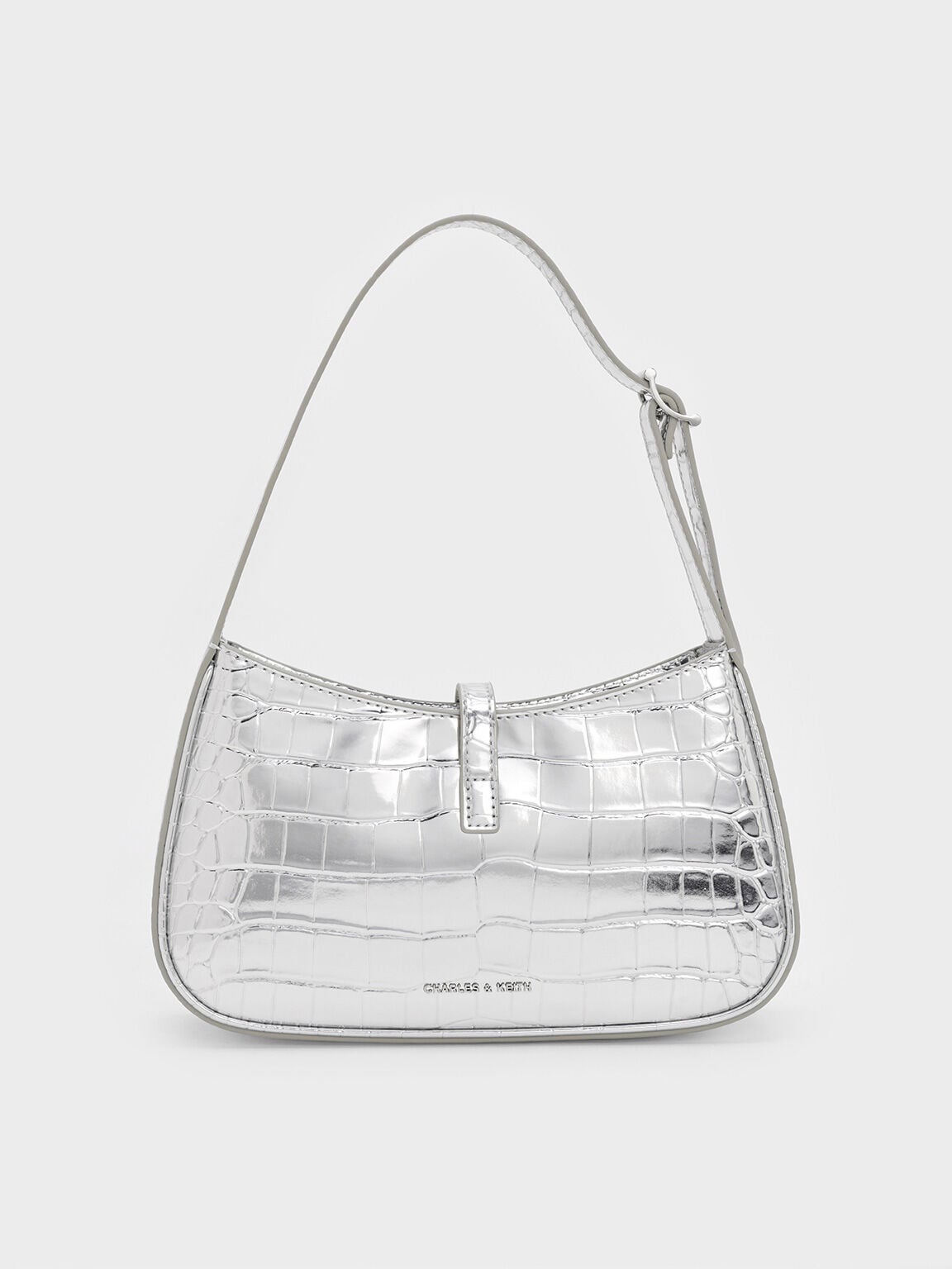 Cesia Croc-Effect Metallic-Accent Shoulder Bag - Silver | CHARLES & KEITH