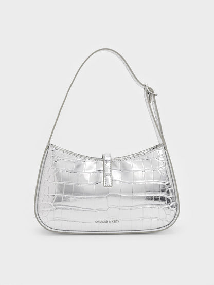 Cesia Croc-Effect Metallic-Accent Shoulder Bag - Silver | CHARLES & KEITH
