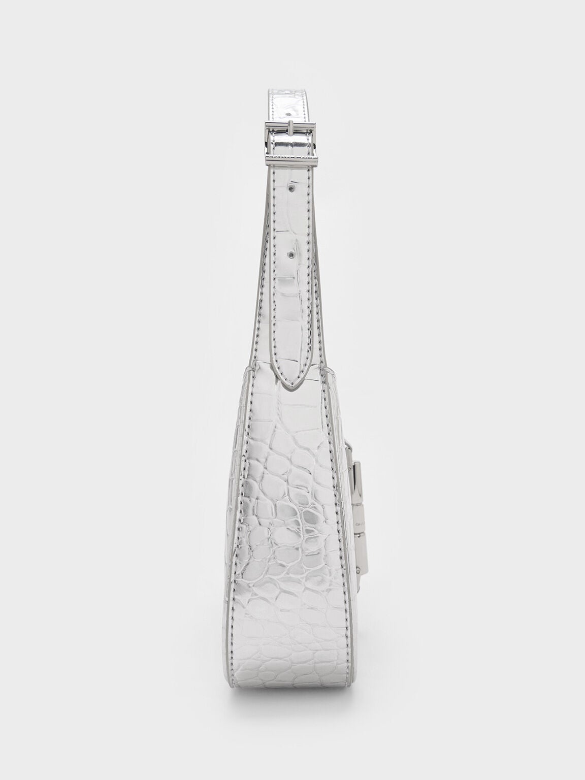 Cesia Croc-Effect Metallic-Accent Shoulder Bag - Silver | CHARLES & KEITH