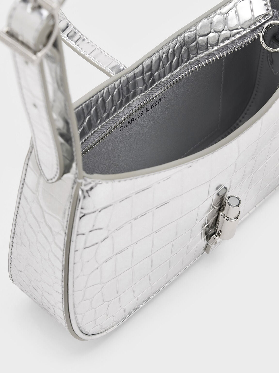Cesia Croc-Effect Metallic-Accent Shoulder Bag - Silver | CHARLES & KEITH