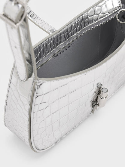 Cesia Croc-Effect Metallic-Accent Shoulder Bag - Silver | CHARLES & KEITH