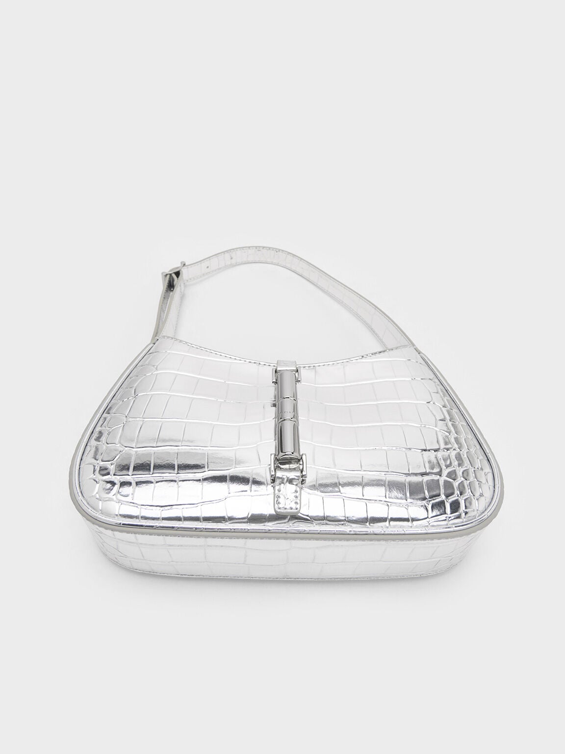 Cesia Croc-Effect Metallic-Accent Shoulder Bag - Silver | CHARLES & KEITH
