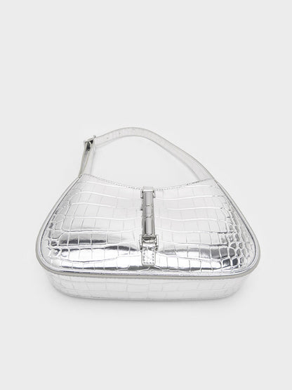 Cesia Croc-Effect Metallic-Accent Shoulder Bag - Silver | CHARLES & KEITH