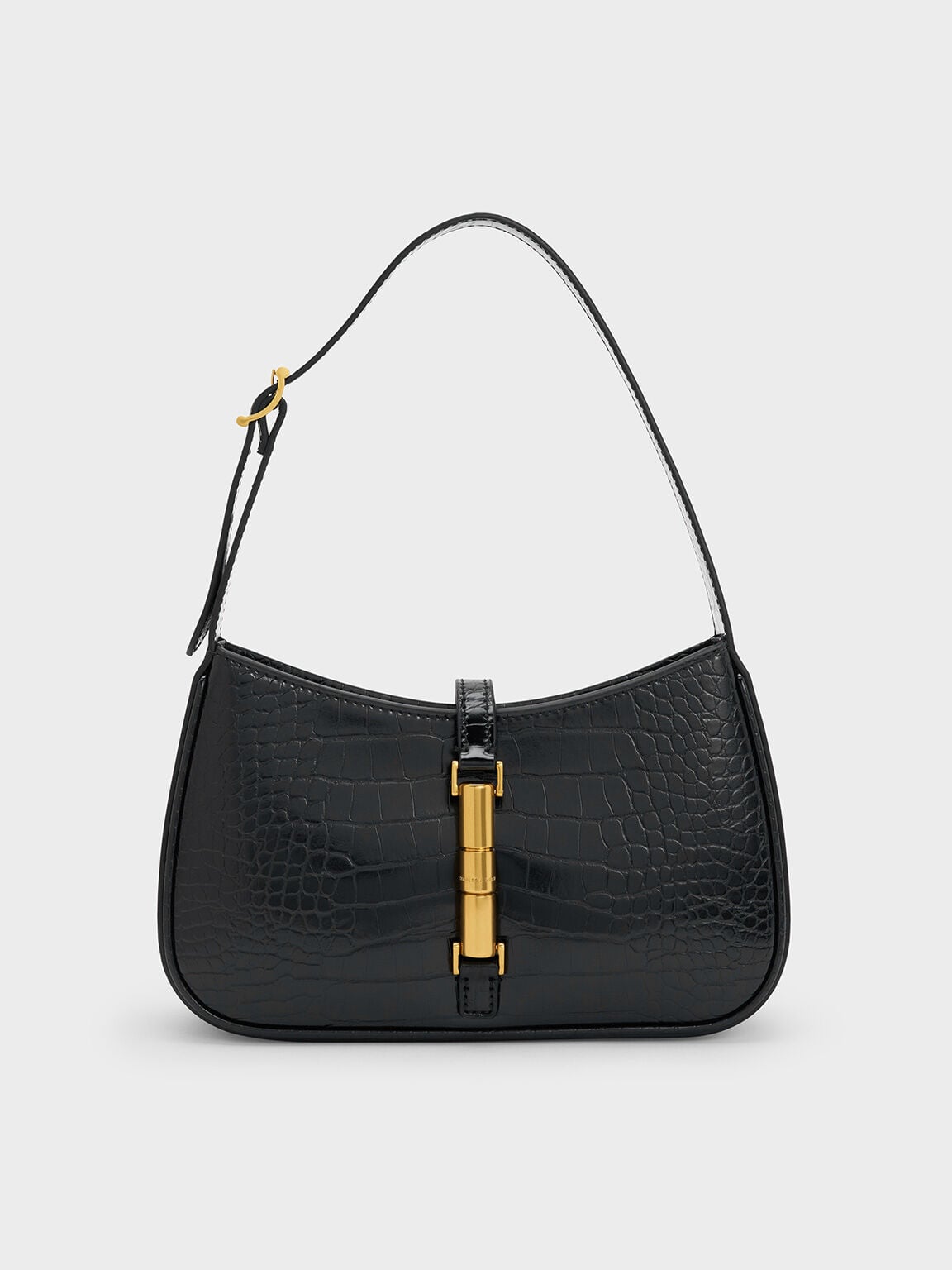 Cesia Croc-Effect Metallic-Accent Shoulder Bag - Black | CHARLES & KEITH