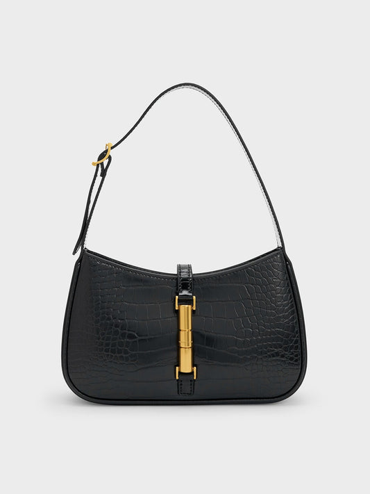 Cesia Croc-Effect Metallic-Accent Shoulder Bag - Black | CHARLES & KEITH