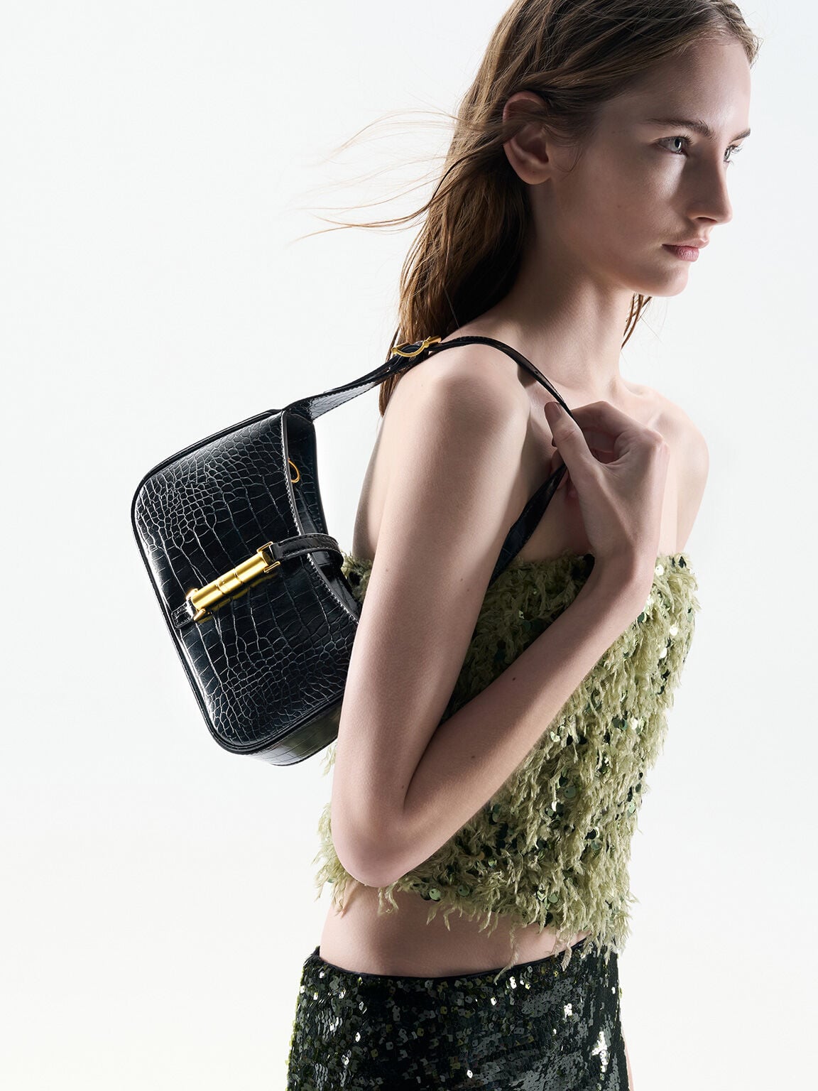 Cesia Croc-Effect Metallic-Accent Shoulder Bag - Black | CHARLES & KEITH