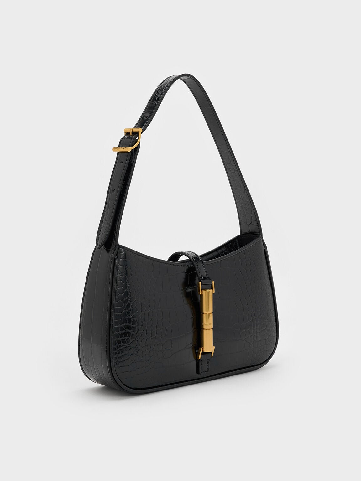 Cesia Croc-Effect Metallic-Accent Shoulder Bag - Black | CHARLES & KEITH