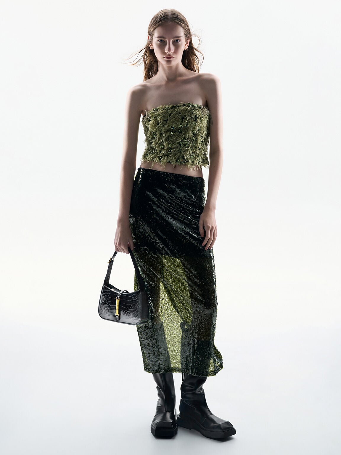 Cesia Croc-Effect Metallic-Accent Shoulder Bag - Black | CHARLES & KEITH