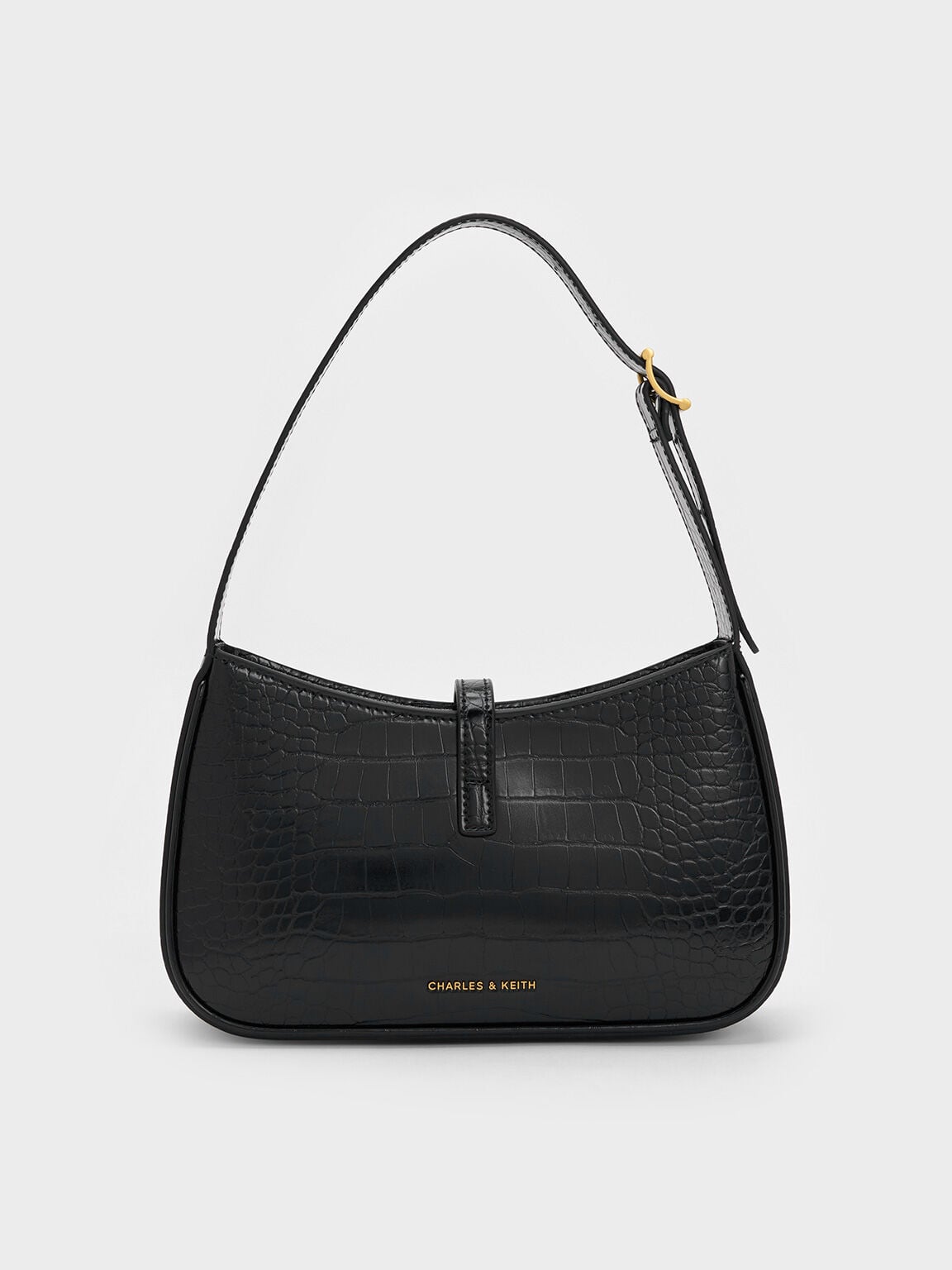 Cesia Croc-Effect Metallic-Accent Shoulder Bag - Black | CHARLES & KEITH