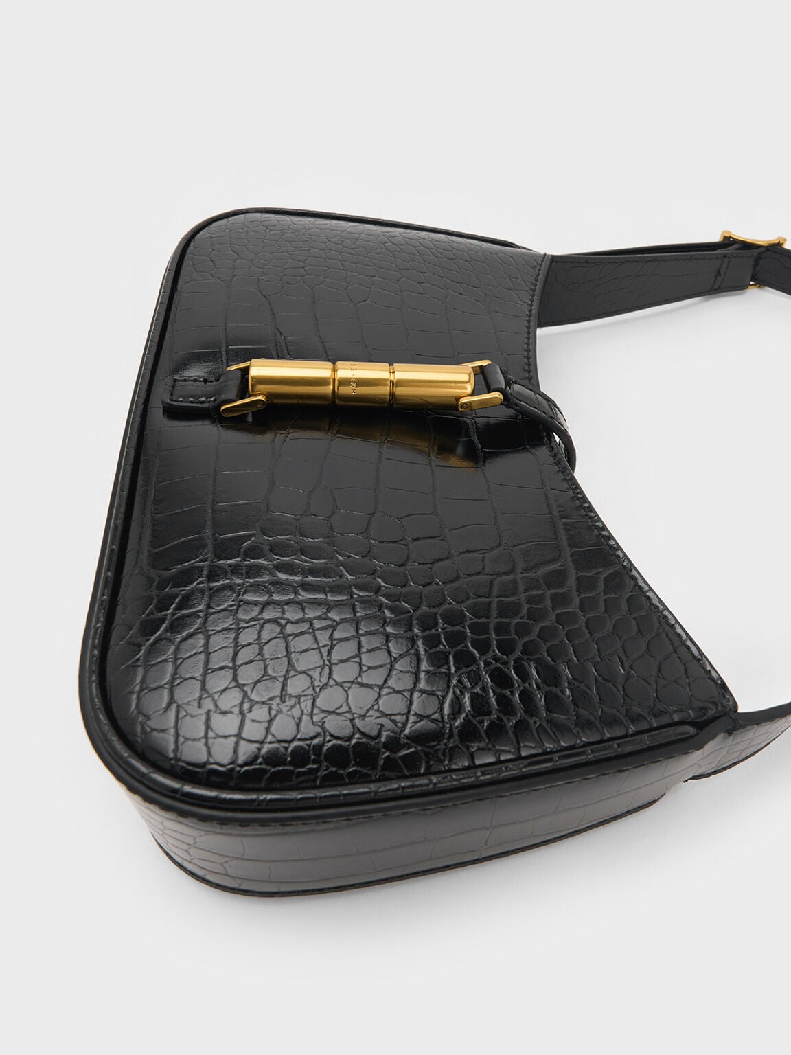 Cesia Croc-Effect Metallic-Accent Shoulder Bag - Black | CHARLES & KEITH