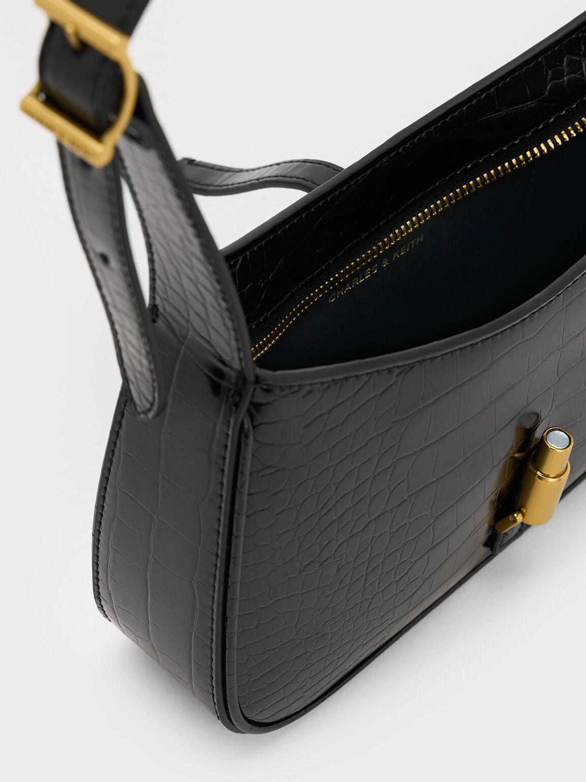 Cesia Croc-Effect Metallic-Accent Shoulder Bag - Black | CHARLES & KEITH