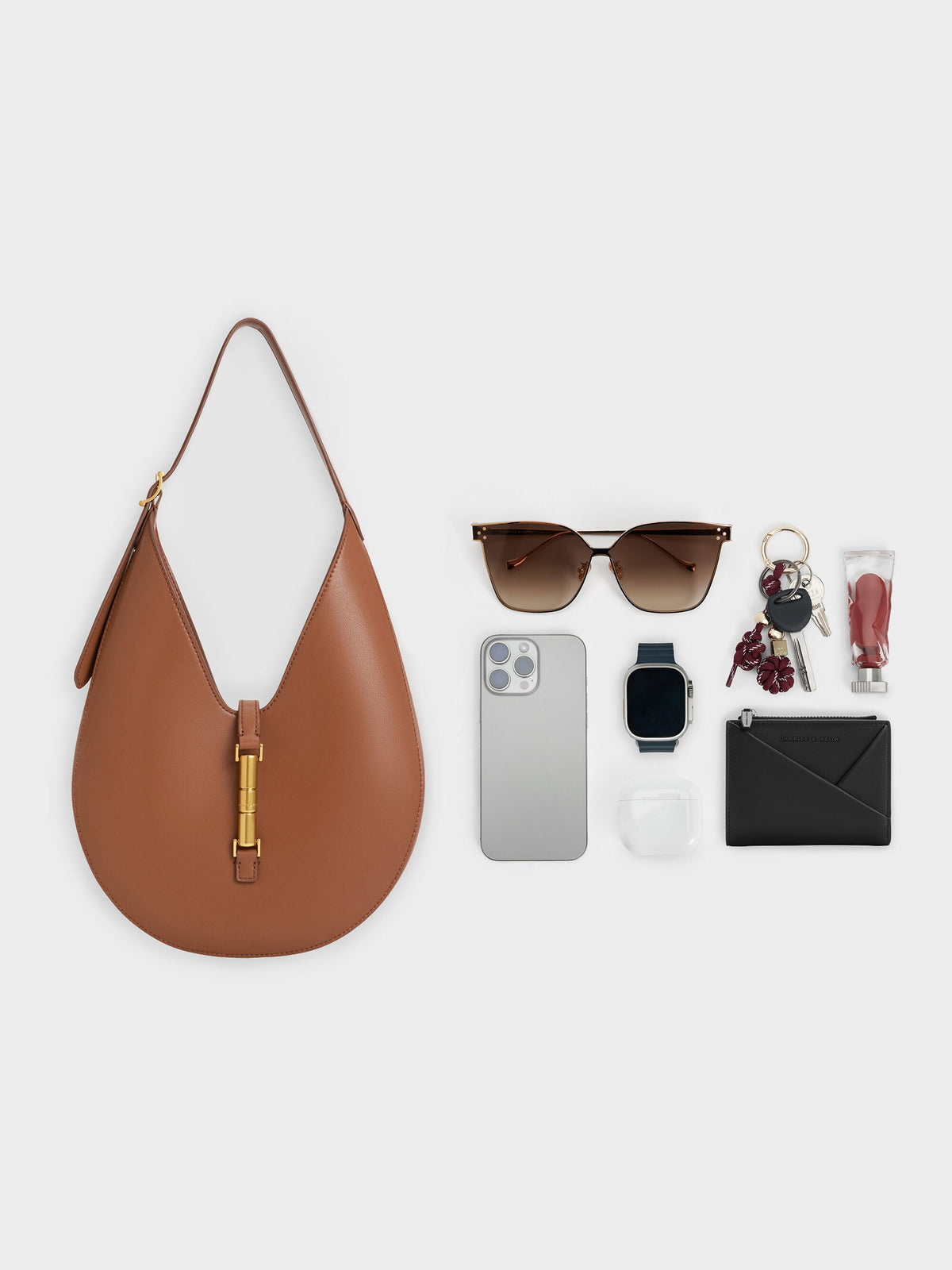 Cesia Metallic-Accent Hobo Bag - Chocolate | CHARLES & KEITH