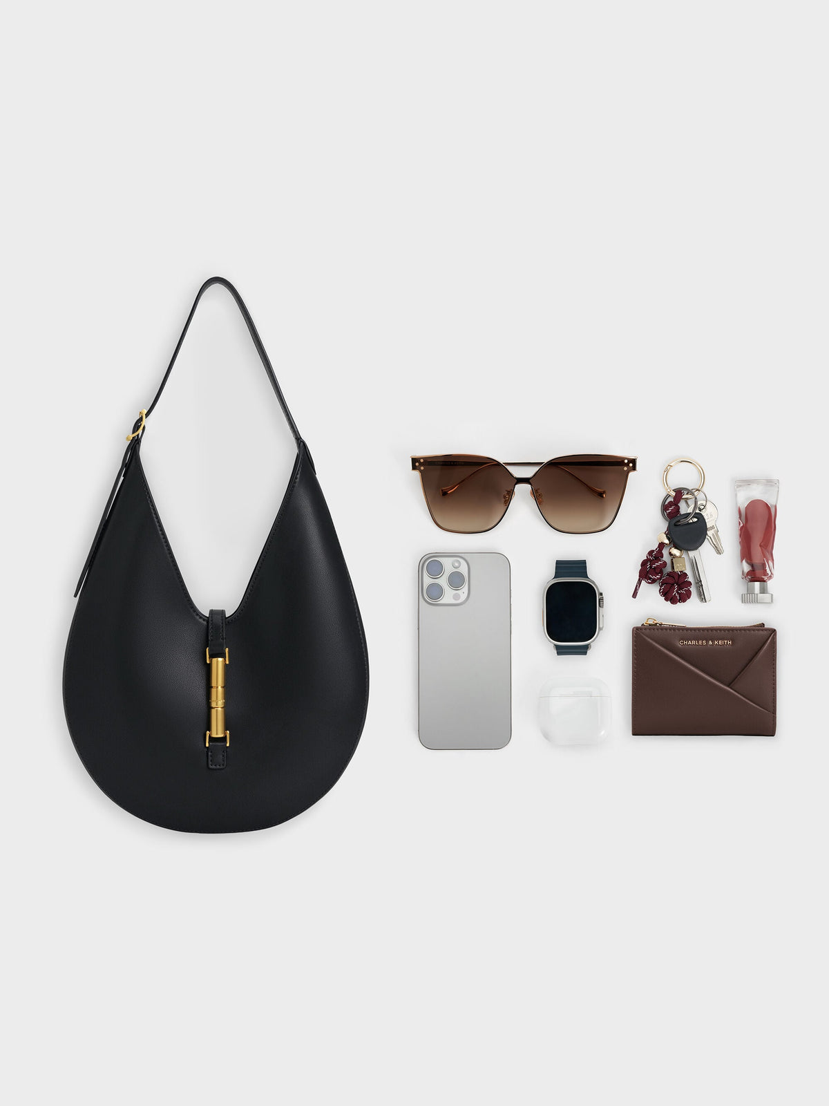 Cesia Metallic-Accent Hobo Bag - Black | CHARLES & KEITH